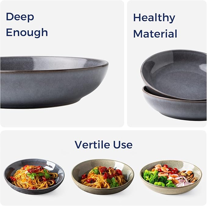 AmorArc 8.5'' Large Pasta Bowls, 36oz Stoneware Pasta Serving Bowls Set of 6 for Kitchen, Wide Bowls for Pasta,Salad,Fruit,Oatmeal, Microwave Safe, Reactive Glaze-Gray