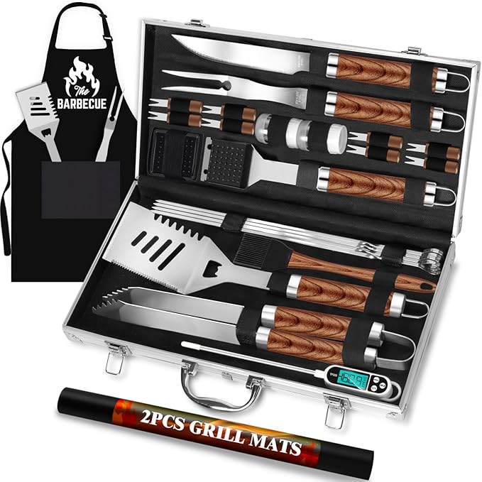 ROMANTICIST 26pcs Stainless Steel Grill Tool Set, Heavy Duty BBQ Grilling Accessories Gifts for Men Dad, Non-Slip Grill Utensils Kit with Apron, Thermometer, Mats in Aluminum Case for Christmas Brown