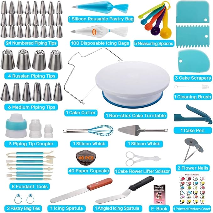 207 Pcs Cake Decorating supplies Kit for Beginners Cake Turntable-100+ Piping Bags-Russian Piping Tips-Icing Spatula Cake Decorating Tools