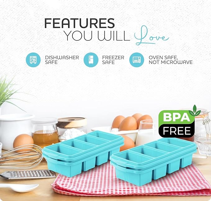 Silicone Freezer Tray With Lid - Soup Freezer Container molds - Large Ice Cube Tray- makes 8 perfect 1 cup portions cubes, 2-Pack Freezer Storage Food Soups & Meal Prep - Oven & Dishwasher -Safe