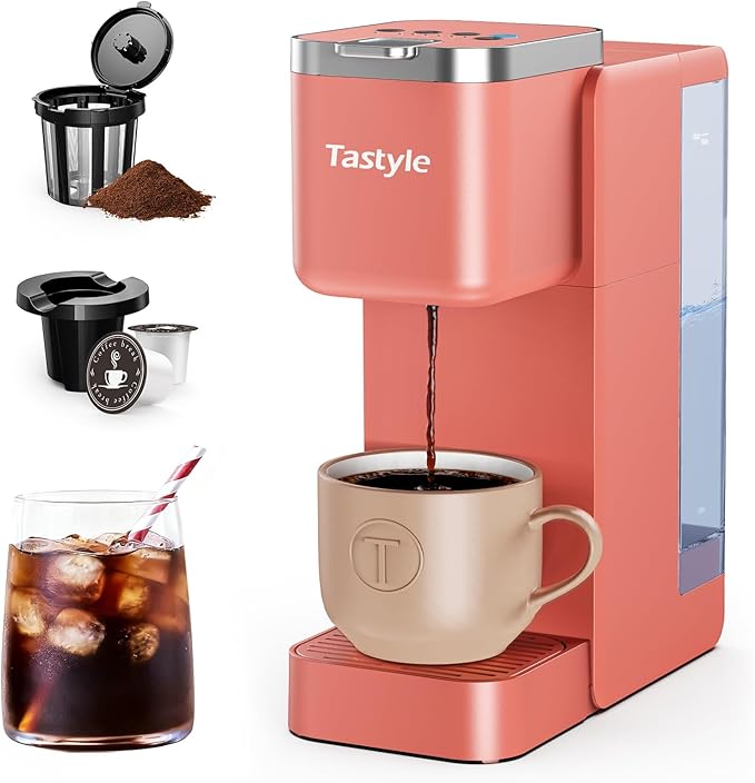 Single Serve Coffee Maker, Iced and Hot Coffee Machine for K Cup & Grounds, Compact Design, 40oz Removable Water Reservoir, 6 to 24 Oz Brew Sizes, Fits 7.3" Travel Mug, Red