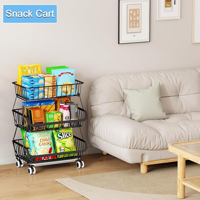 3-Tier Rolling Pantry Floor Organizer, Stackable Pantry Storage Cart with Wheels, Metal Wire Pantry Baskets, Kitchen Fruit Basket Stand, Vegetable Storage Rack for Fruits Snacks Onions Potatoes