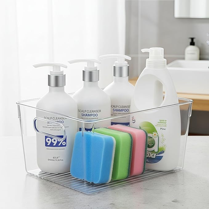 Clear Pantry Organizer Bins, Plastic Organizers & Storage Containers, Cabinet Organizer, Home Organization Must Haves for Kitchen, Laundry Room, Office, Closet & Freezer (4 Pack)