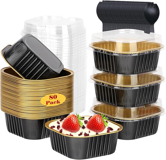 LNYZQUS 5oz/80pack Mini Cake Pans with Lids, Disposable Ramekins Muffin Tins Cupcake Baking Cups,Small Aluminum Foil Brownie Baking Pan Containers Mini Cheesecake Holders-Black