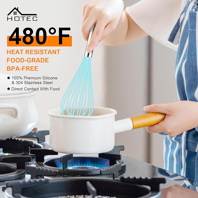 HOTEC 4 Pieces Silicone Whisks Set, Wire Balloon Whisks Egg Beater, Non-slip Handle Whisk for Non-stick Cookware Perfect for Cooking, Stirring, Beating and Blending (Blue)
