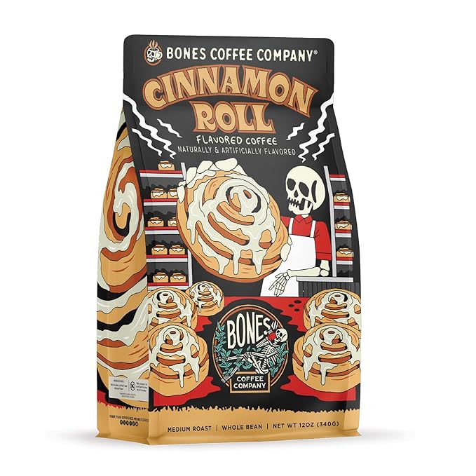 Bones Coffee Company Cinnamon Roll Flavored Coffee, Medium Roast Low Acid Arabica Beans Compatible with Auto drip and French Press Coffee Maker, 12 Oz Whole Bean