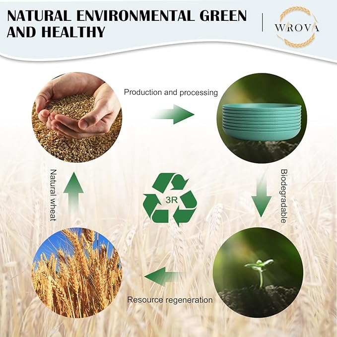 Wrova Wheat Straw Plates - 9 Inch Unbreakable Dinner Plates Set of 8 - Dishwasher & Microwave Safe Plastic Plates Reusable for Kitchen and Camping (Green)