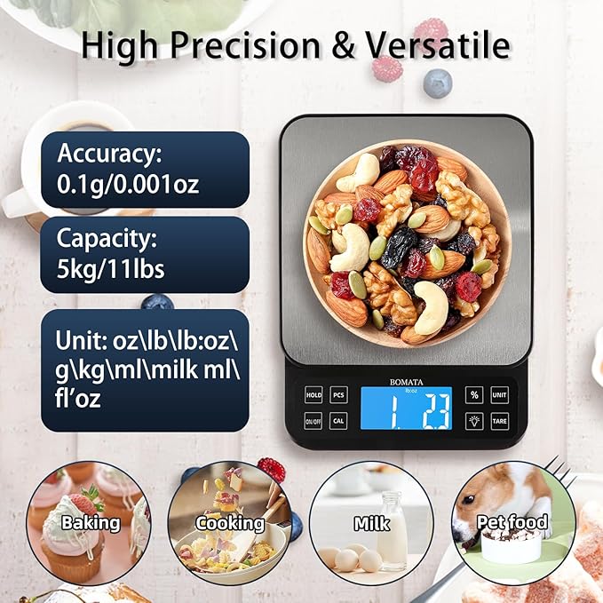 BOMATA Large Kitchen Scale with 0.1g/0.001oz High Precision, 5kg/11lb Bakery Scale with% Percentage Function, USB Rechargeable, Full-View Angle LCD with Backlight, Stainless Steel Pan