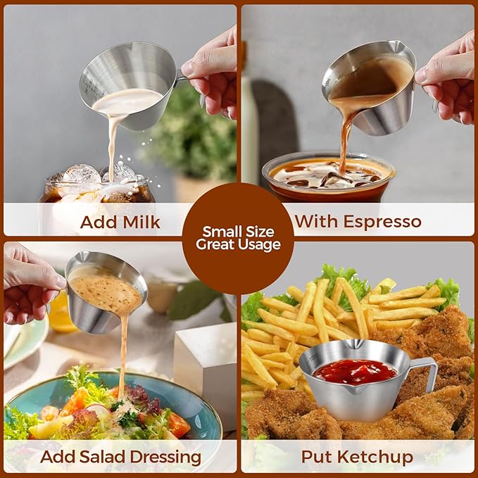 2 Pcs Espresso Cups with Handle, Double Spout Metal Measuring Cup with Dual Scale, Stainless Steel Espresso Shot Cup with V-Shaped Mouth, 3.4oz/100ml(White)