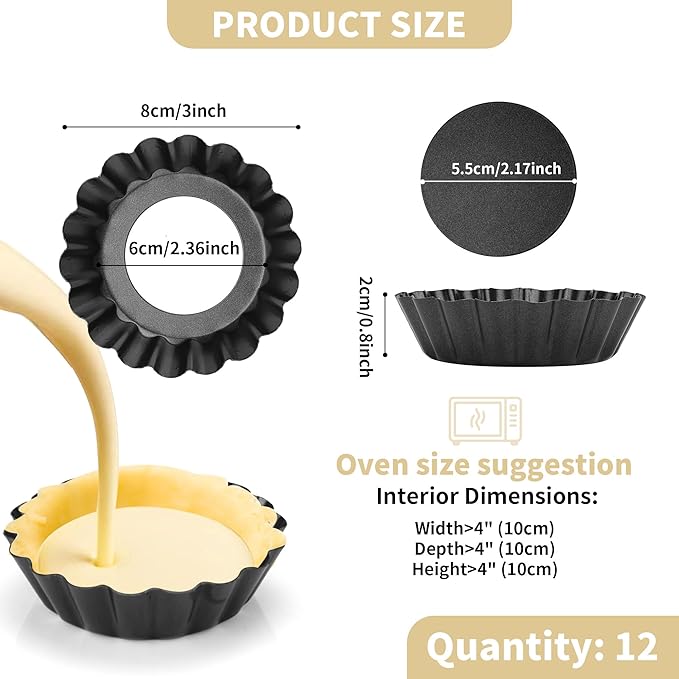 12 pcs Egg Tart Molds, 3" Mini Tart Pans Removable Bottom, Cupcake Cake Muffin Mold Tin Pan Baking Tool, Reusable Quiche Bakeware Carbon Steel for Pies, Quiche, Cheese Cakes, Desserts