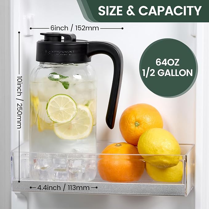 Mason Jar Pitcher - Airtight & Leakproof Glass Pitcher with Lid[set of 2], Perfect for Breastmilk, Cold Brew, and Sun Tea, 2 Quart (64 oz) Mason Jar with Pour Spout Lid