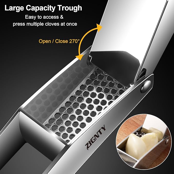 Garlic Press Stainless Steel, Professional Mincer No Need to Peel, Large Trough Presser Ergonomic Handle Easy Squeeze, Ginger Crusher & Masher Dishwasher Safe Rust Proof