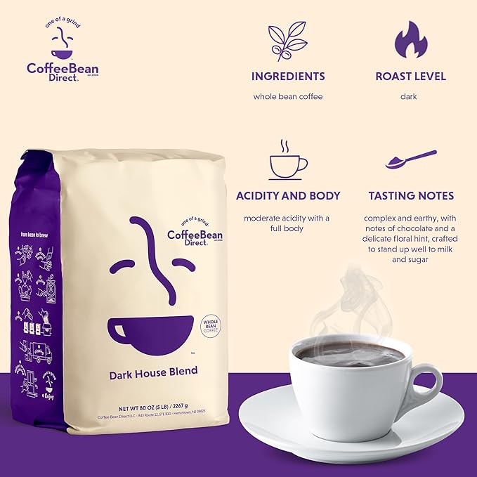 Coffee Bean Direct Dark House Blend, Whole Bean Coffee, Dark Roast, 5 Pound Bag (Pack of 1)