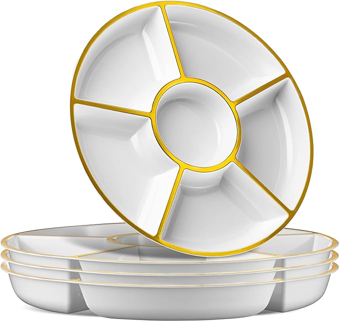 Plasticpro 6 Sectional Round Plastic Serving Tray/Platter (8, White & Gold)