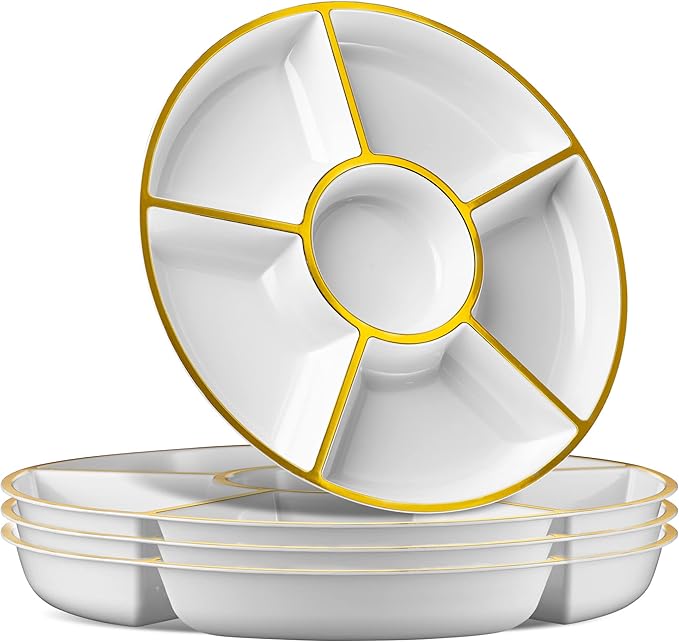 Plasticpro 6 Sectional Round Plastic Serving Tray/Platter (4, White & Gold)