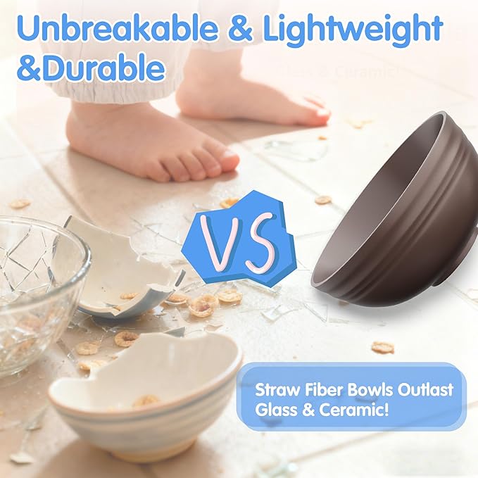 Quatish 16 PCS Unbreakable Cereal Bowls,Dishwasher & Microwave Safe Wheat Straw Bowls, Easy-to-Clean Lightweight Snack & Soup Bowl,Multi-Color Portable for Picnics Plastic Bowls Set, Brown