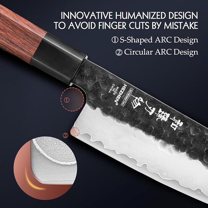 HEZHEN Kitchen Knife Set 4PCS, Clad Steel Chef Knife Nakiri Forged Steel Santoku, Wooden Octagonal Handle