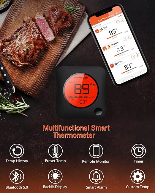 BFOUR Bluetooth Meat Thermometer Wireless Meat Thermometer, Wireless Digital Grill Thermometer with 6 Temperature Probes, Large LCD Display, Bluetooth Thermometer for Grill, Smoker, Oven and BBQ