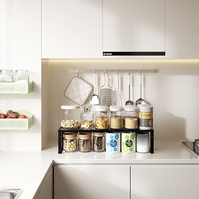 Expandable,Adjustable & Stackable Spice Rack, Cabinet Kitchen Countertop Shelf Organizer,Metal Pantry Storage Shelves - Space-Saving Storage Solution(1Pack/Black/Large)