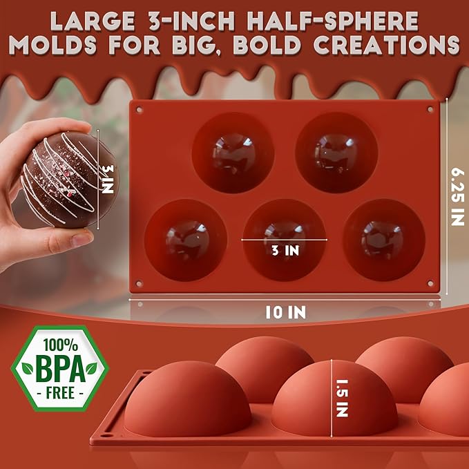HKNMTT Hemisphere Silicone Molds 3 Inch for Hot Cocoa Chocolate Bombs Valentines Semi Ball Making Kit Cake Decor Mould, Food Grade Non-stick Kitchen Baking Supplies Oven Safe