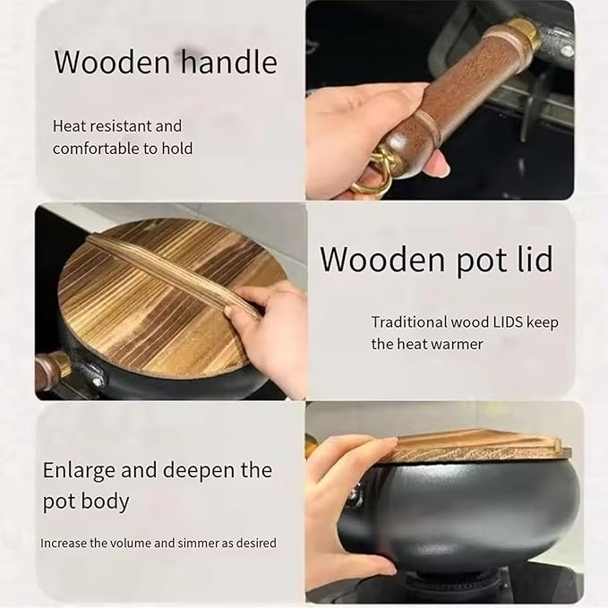 Jinswhdre Cast Iron Skillet, 9.5/11in Jinswhdre Japanese Irons Pan, Hand Forged Uncoated Iron Pan with Lid Spatula, Non-stick Wok for Cooker Gas Stir Fry Pans Durable and Rust-Free (Wooden Lid,9.45in)