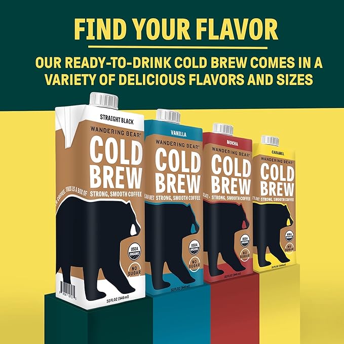 Wandering Bear Decaf Cold Brew Coffee - Bold, Smooth, No Sugar Added, Shelf-Stable, Ready to Drink, Gluten Free & Vegan Decaf Iced Cold Brewed Coffee Drink - 32 fl oz, 6 pack