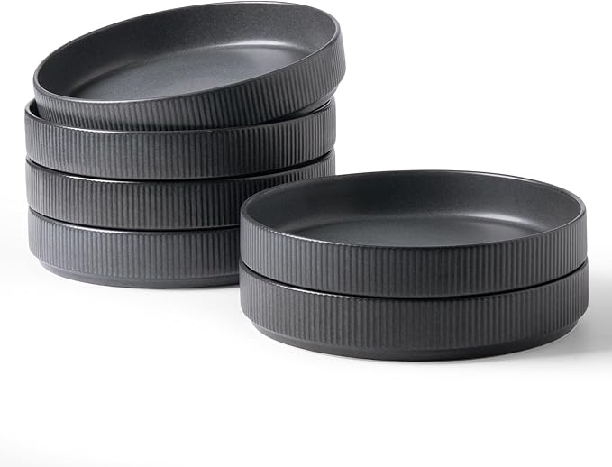famiware Star 8.25" Pasta Bowls, Large Dinner Bowls Set of 6, Salad Bowl Plates, Shallow Bowls for Eating, Matte Dark Charcoal (Full Glaze)