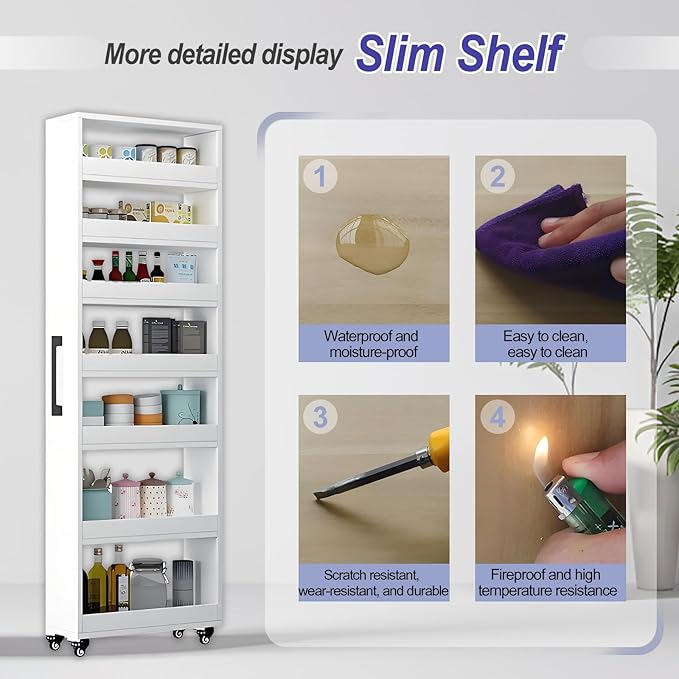 7-Tier Slim Storage Cart, Wooden Rolling Pantry Cabinet with Wheels, Narrow Shelf Organizer for Kitchen, Bakers Rack, Dining Room, Closet, Small Spaces Dark Walnut 73.2''H*5.9''W*23.6''D