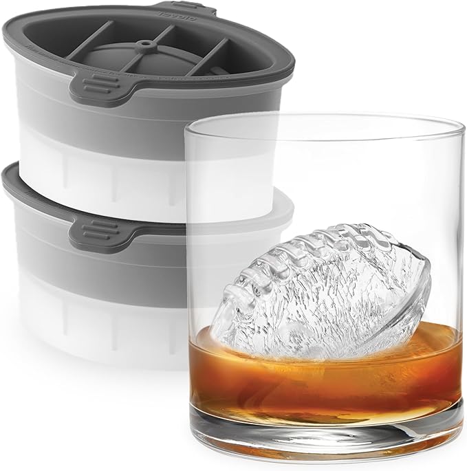 Tovolo Craft Ice Molds – Large Football Ice Spheres for Sports Fans - Whiskey, Bourbon, Cocktails, Gifts & More – 2 Pack Slow Melting, Stackable, BPA-Free Silicone Leak-Proof Lids, Dishwasher-Safe