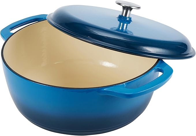 Amazon Basics Cast Iron Dutch Oven Pot with Lid, Enameled, Round, Dual Handles, Heavy-Duty, Small, 4.3-Quart, Blue