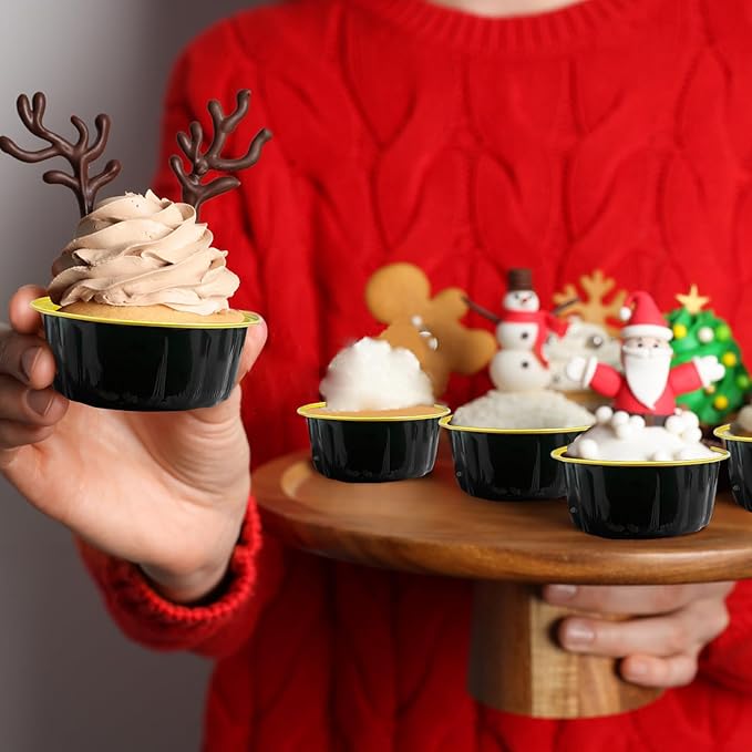 100 Pcs 8 oz Aluminum Foil Cup with Lids Disposable Ramekins with Lids Disposable Ramekin Baking Cups Foil Cupcake Containers for Wedding, Christmas, Kitchen, Party (Black, Gold, 8 oz)