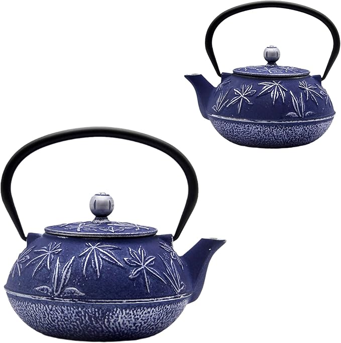 Cast Iron Teapot Tea Kettle with Stainless Steel Infuser for Stovetop Safe Coated with Enameled Interior Japanese Tetsubin with Maple Leaves Pattern(30.4oz/900ml) (Color-3)