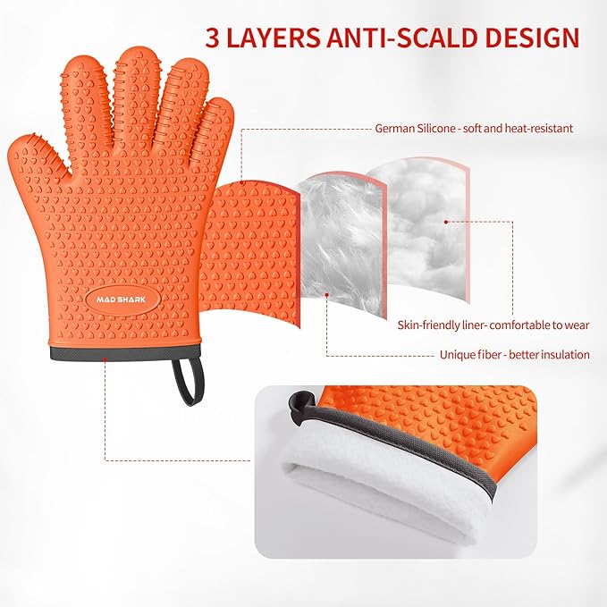 MAD SHARK Silicone Oven Mitts Heat Resistant 450 Degrees with Waterproof & Non-Slip Oven Gloves with Fingers, Silicone Oven Gloves Kitchen Mittens for Baking Cooking Barbecue (Orange)