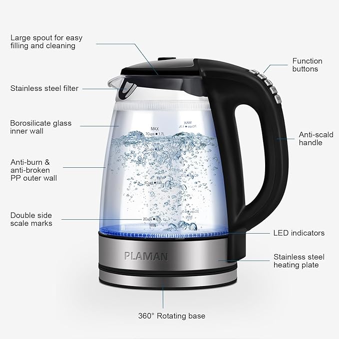 1500W Electric Kettle with Temperature Control - 6-Temp Presets for Tea/Coffee, Double Wall Cool-Touch, 4H Keep Warm, 1.7L Borosilicate Glass & BPA-Free, Fast Boil for Home/Office