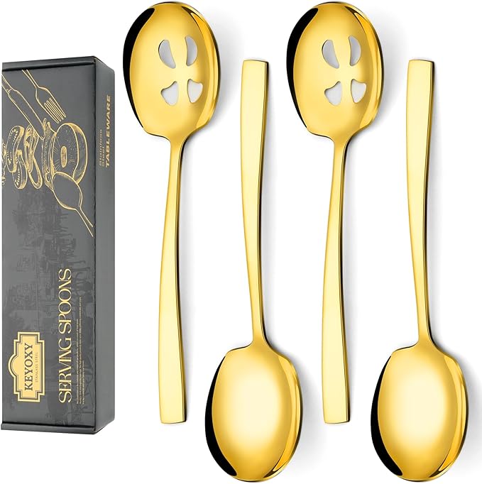 4 Piece Stainless Steel Serving Spoons Set - 2 Large, 2 Slotted, 9.2-Inch, Dishwasher Safe, for Parties/Kitchen/Buffet/Catering,Gold