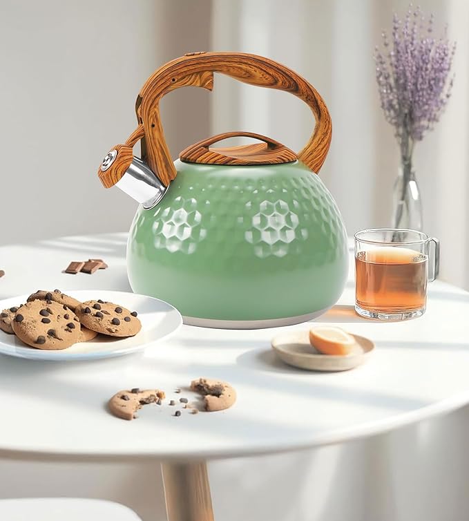 Stovetop Whistling Tea Kettle 3.2QT - Stainless Steel with Wood Grain Handle, Loud Whistle Kettle for Tea, Coffee & Milk, Ergonomic Grip & Balanced Pour Spout (Emerald Green)
