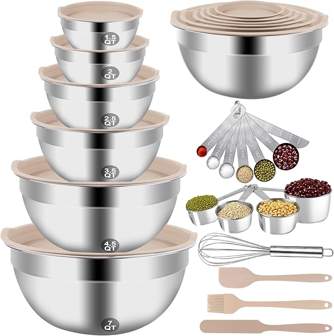 Mixing Bowls Set, 27PCS Khaki Mixing Bowls With Lids Set Stainless Steel Kitchen Large Nesting Metal Bowl 7QT to 1.5QT, Measuring Cups and Spoons for Prepping Cooking Serving