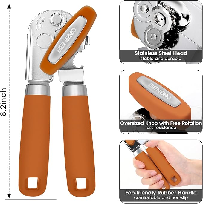 Beneno Heavy Duty Hand Can Opener Manual with Magnet, Durable Sharp Carbon Steel Blade Smooth Cutting, Big Effort-Saving Knob, Soft Grip Handle, Multifunctional Kitchen Tool with Bottle Opener, Orange