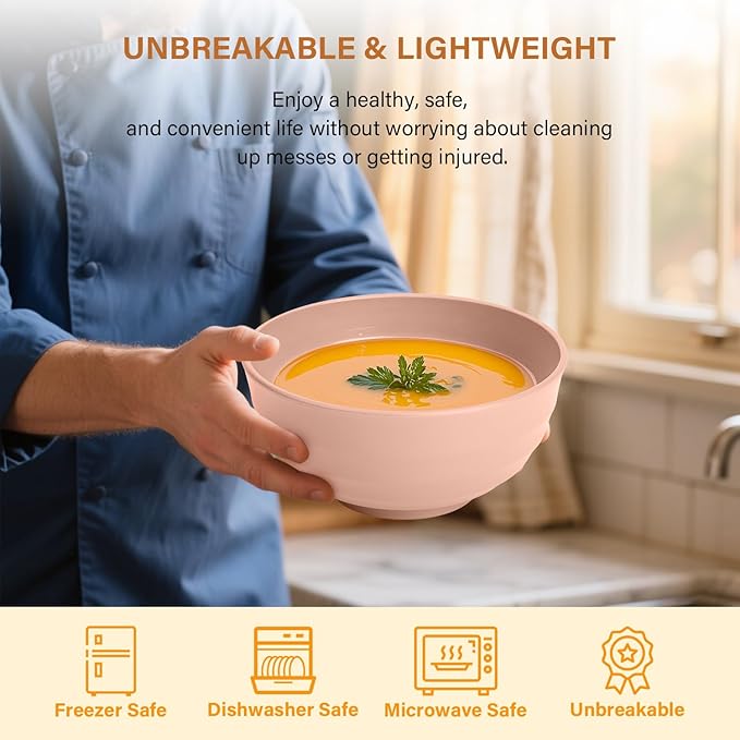 Homienly Large Wheat Straw Bowls 60oz Light Color Bowl Set of 8 - The Ultimate All-in-One Set for Salad, Soup, Cereal & Oatmeal, Microwave Safe & Unbreakable