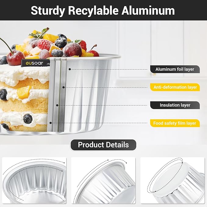 EUSOAR Aluminum Foil Baking Cups, 400pcs 5oz Disposable Mini Ramekins Cupcake Liners with Lids for Baking, Dessert Containers Aluminum Cheesecake Pan Creme Brulee Cup for Oven-Silver