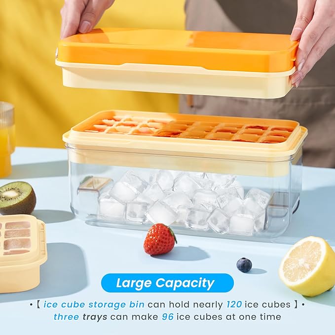 PHINOX Ice Cube Tray with Lid and Bin, 3 Pack Plastic Ice Cube Tray Molds, 96(4 * 8 * 3) pcs Ice Trays for freezer, Chilling Drinks, Whiskey & Cocktails, with Ice Container and Ice Scoop, BPA-Free