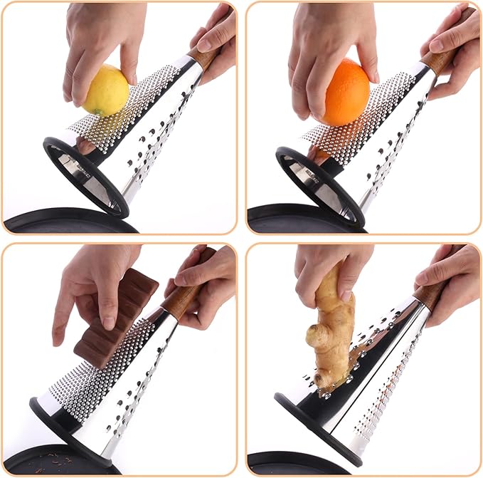 Cone Cheese Grater with Handle Stainless Steel Grater Triple Function Wood Handle Shredder Non-Slip Rubber Bottom Hand Held Multifunction Vegetables Grater Black 4-Size (Size M: 9.4" X 4.3" Black)