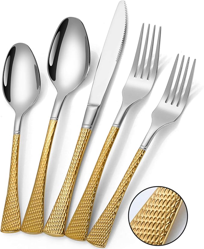 Lemeya Hammered Silver Gold Silverware Set for 8,Stainless Steel 40-Piece Modern Cutlery Set,Mirror Polished Heavy Duty Flatware Set Utensil Set,Knives Spoons and Forks Set,Dishwasher Safe