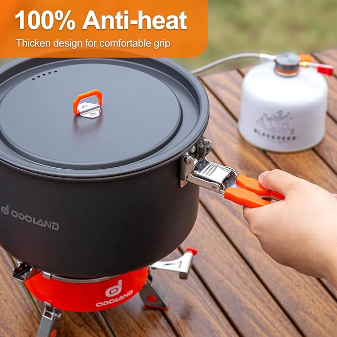 Odoland Camping Cookware Mess Kit, Camping Cooking Pot Fry Pan and 1.1L Kettle Set, Portable Camping Cookware Set with Mesh Bag for Camping, Backpacking, Outdoor Cooking and Picnic