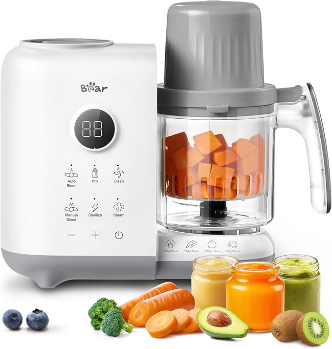 Bear Baby Food Maker with Two Layer Steam Baskets, One Step Baby Food Processor Steamer Puree Blender, Baby Food Mill with Bottle Warming Sterili-zing Auto Cleaning Function, BPA-Free, White