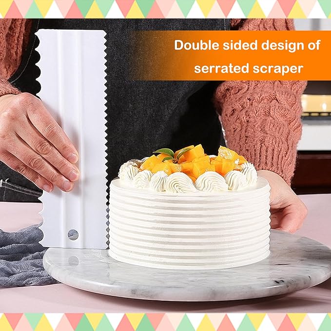 EKIND Cake Scraper Set Double Sided Icing Smoother Long Edge Buttercream Spatula Comb for Decorating Mousse Pastry Tools Baking Supplies(4 Pcs White)