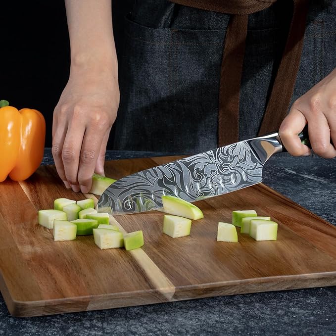 SENKEN Engraved Japanese Kitchen Knife Set with Beautiful Green Resin Wood Handles - Wasabi Collection - Chef's Knife, Bread, Cleaver, Paring, & More (16-Piece Knife Block Set)