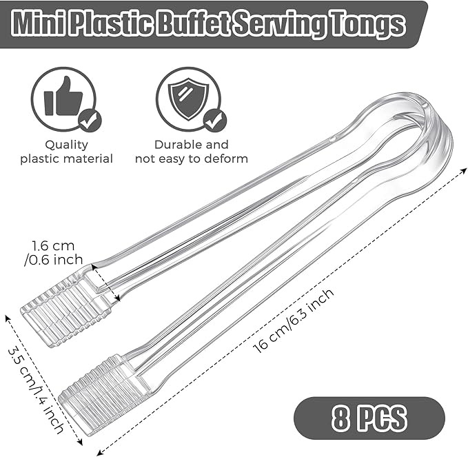 8-Piece Plastic Tongs - Clear Mini Serving Utensils, 6.3 Inch Small Tongs for Food, Ice, Salad, Buffet, Weddings, Barbecue Party