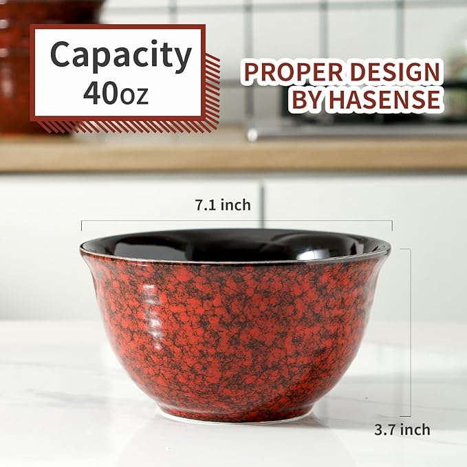Hasense Ceramic Soup Bowls, 40 Oz Serving Bowls Set of 4, Cereal Bowls, Salad Bowls for Pasta Soup Popcorn, Dishwasher & Microwave Safe, Christmas Thanksgiving Gifts, Red