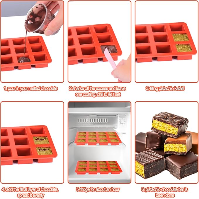 Mity rain Chocolate Bar Mold Deep, Silicone Dubai Chocolate Bar Pistachio Molds with Bags Scraper, Square Fix Chocolate Bar Dubai Candy Bar Mold for Filling Knafeh Pistachio Cream（1pc）